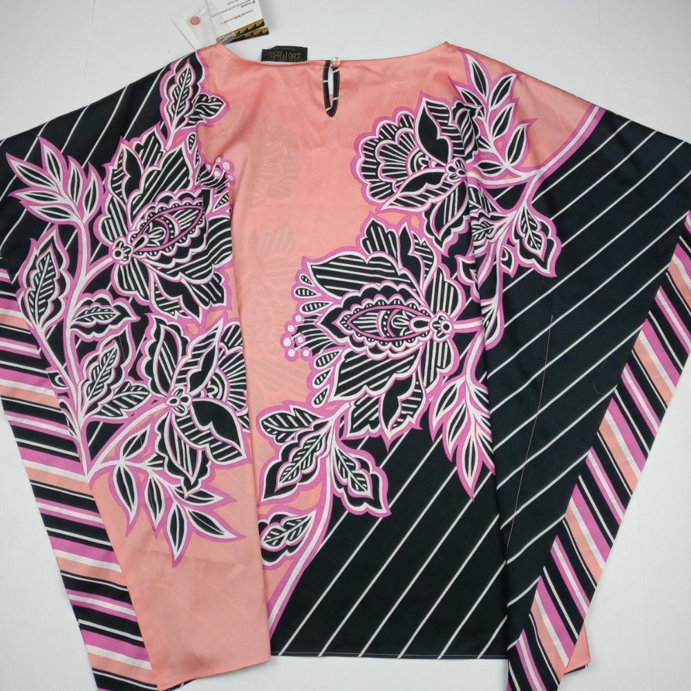 Women's Bob Mackie Wearable Art Floral Print Pink/Black/Peach Caftan Top Size Sm - Picture 3 of 7